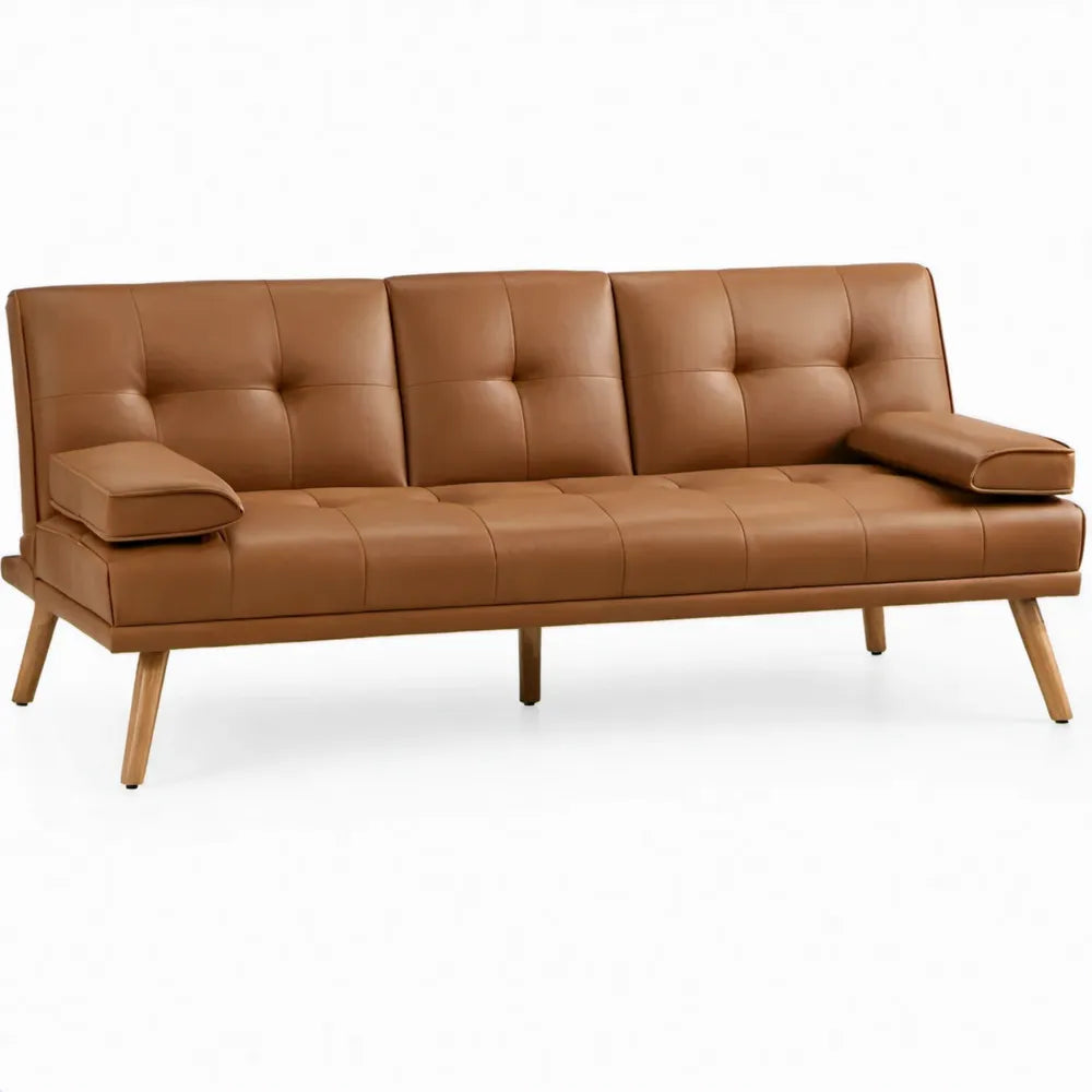 3-zitsbank in cognacbruin PU-kunstleer met rubberhouten poten, 210 x 82 x 86 cm