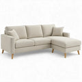 Beige hoekbank met rechter chaise longue, 230 x 150 x 85 cm, polyester en rubberhout