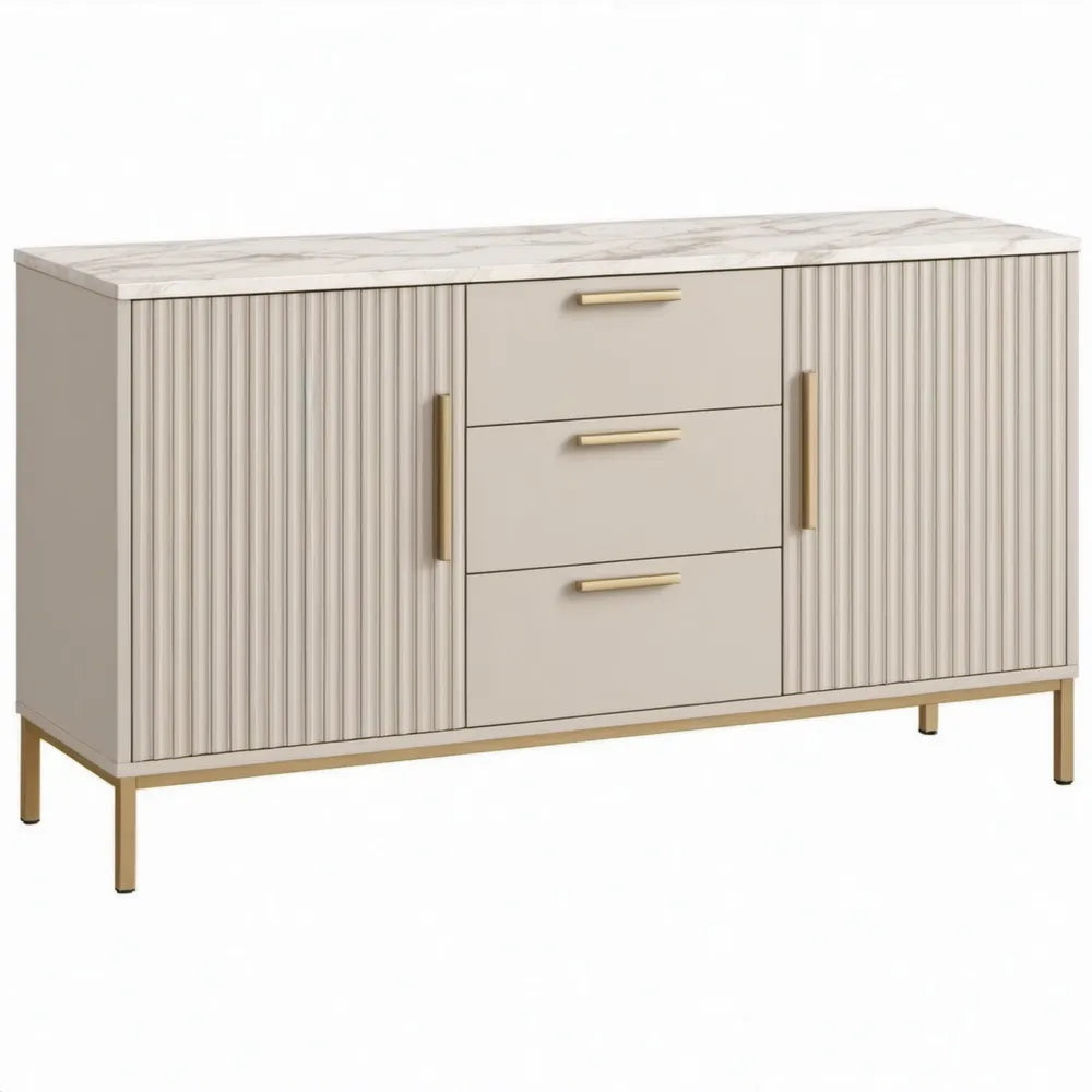 Beige dressoir met 3 lades, 2 geribbelde deuren en marmerlook blad, 120 x 40 x 80 cm