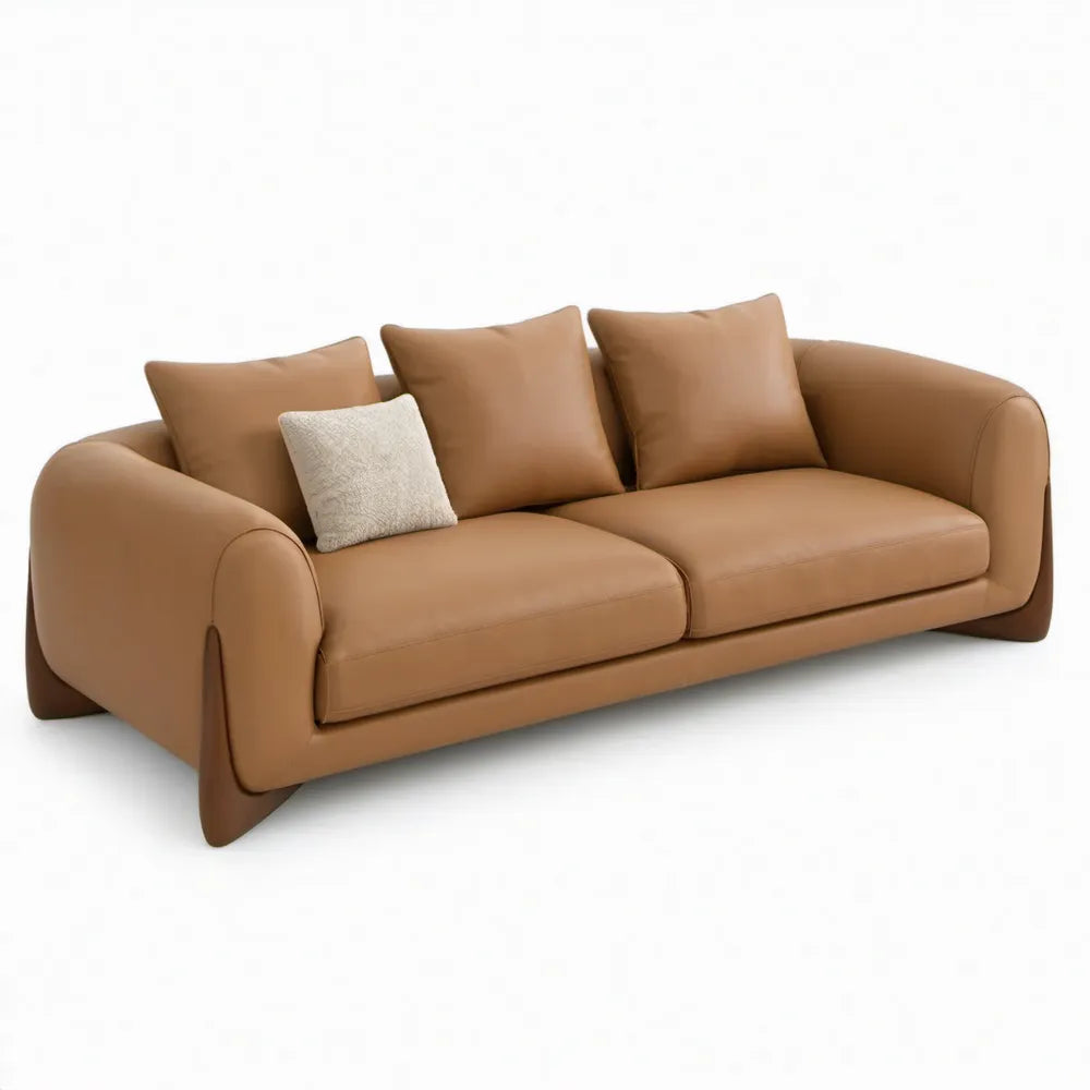 3-zitsbank 220 x 95 x 78 cm camelbruin met gebroken wit sierkussen, PU-kunstleer