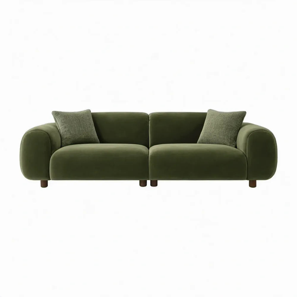 3-zitsbank van olijfgroen polyesterfluweel met sierkussens, 220 x 95 x 78 cm